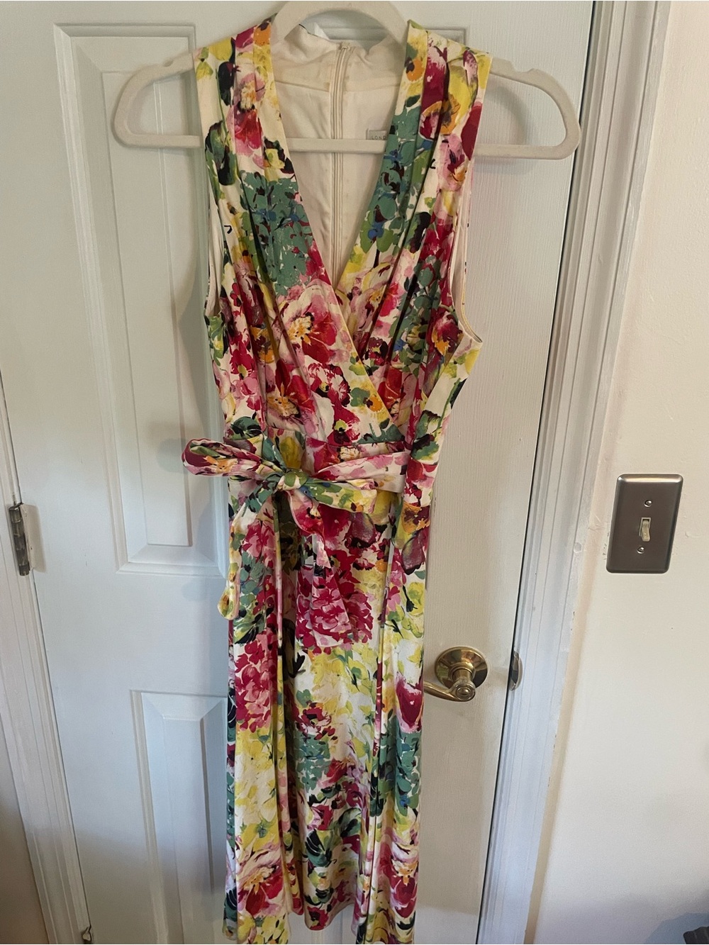 London Times Floral Surplice Maxi Dress in White, Pink & Green